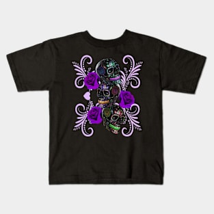 Triple Black Day Of The Dead Skulls Purple Roses Kids T-Shirt